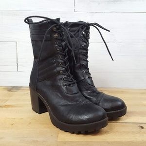 Women's Black Lace Up Combat Boots with Heel